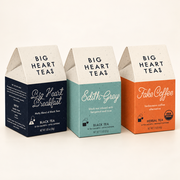 Morning Ritual Trio: one ten-count box each of Big Heart Breakfast Blend, Edith Grey, and Fake Coffee